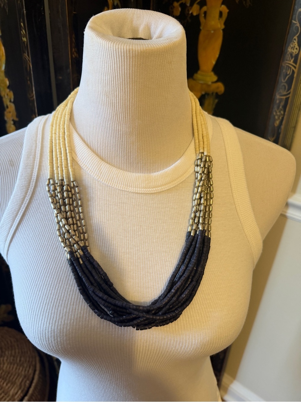 Vintage Estate Layered Black and Cream Beaded Necklace